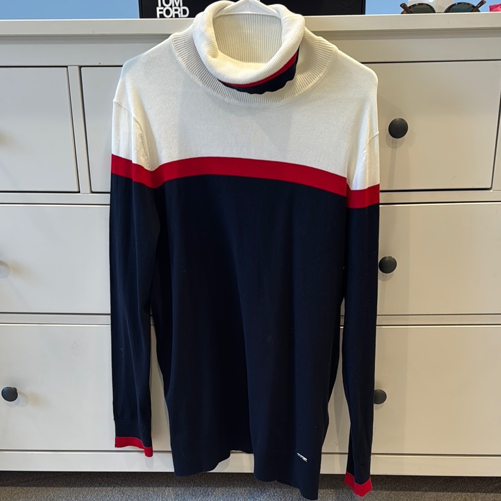 Tommy Hilfiger - women’s Navy and White Sweater with Red Stripe
